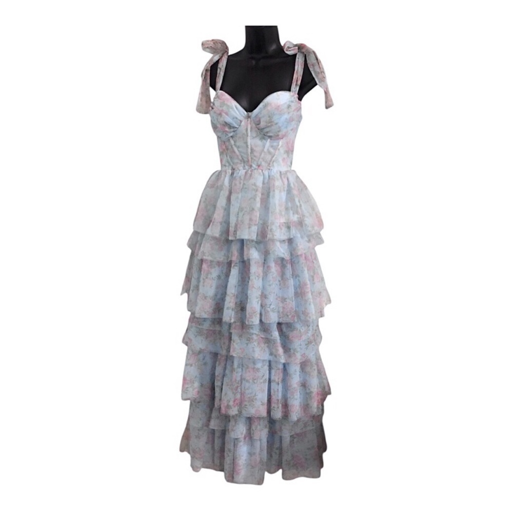 Blue pink ethereal floral chiffon tulle tiered layered maxi gown size Small new